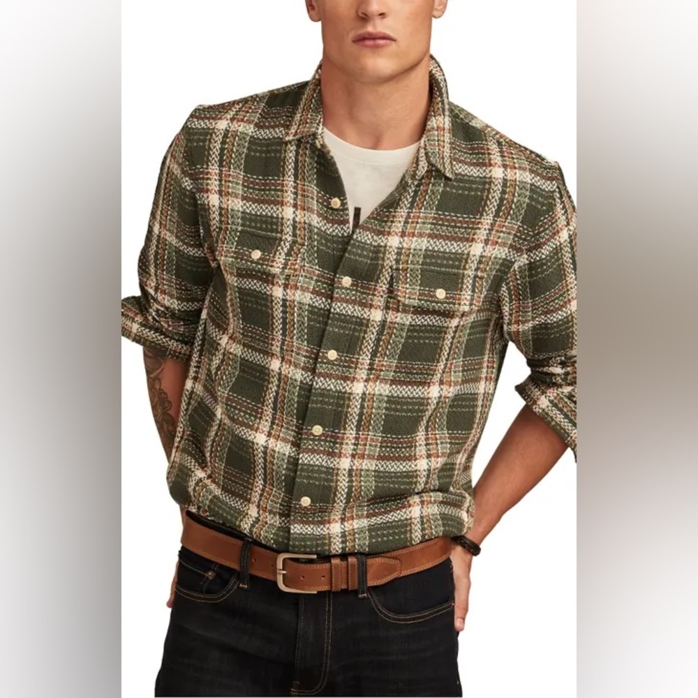 Lucky Brand Green and Brown Plaid Woven Shirt